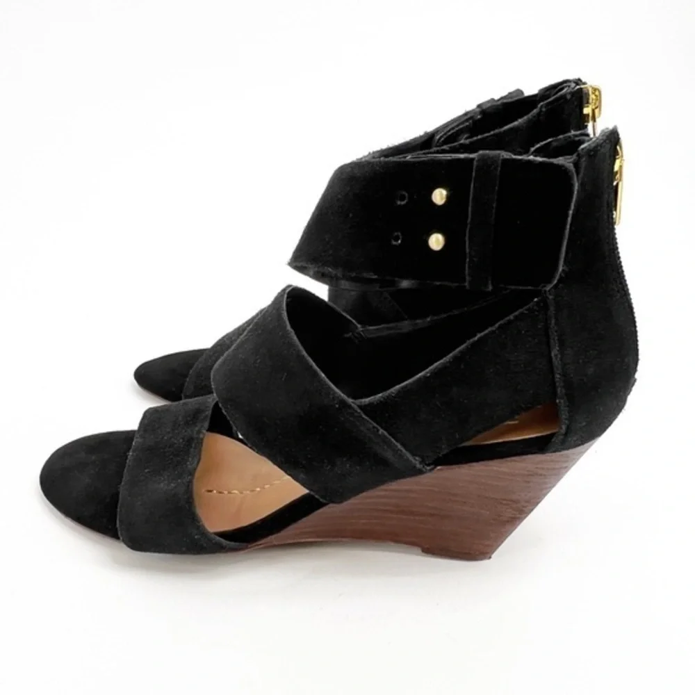 Dolce Vita Black Suede Wood Wedge Sandal Size 7.5